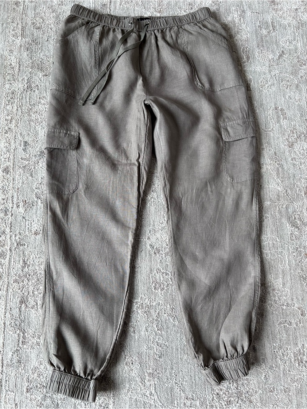 Nicole Miller New York Gray 100% Linen Jogger Cargo Pants Women's Sz L Comfort